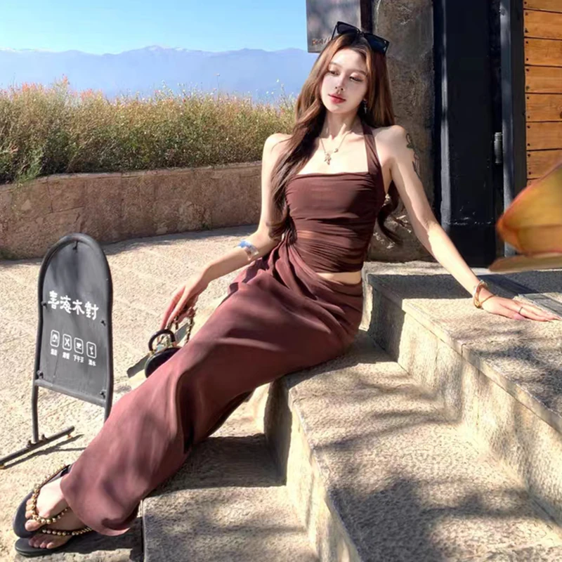 RORORIRI Sexy Mesh Stitch Cut-out Halter Long Dress Women Off-shoulder Backless Pleated Slim Bodycon Dress Retro Holiday Clothes