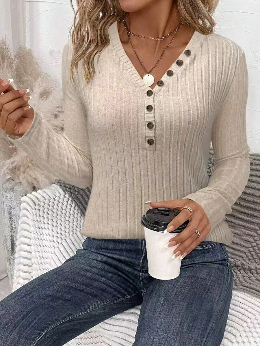 2025, grenzüberschreitendes europäisches und amerikanisches Damen-Strickhemd in reiner Farbe, lässig, langärmelig