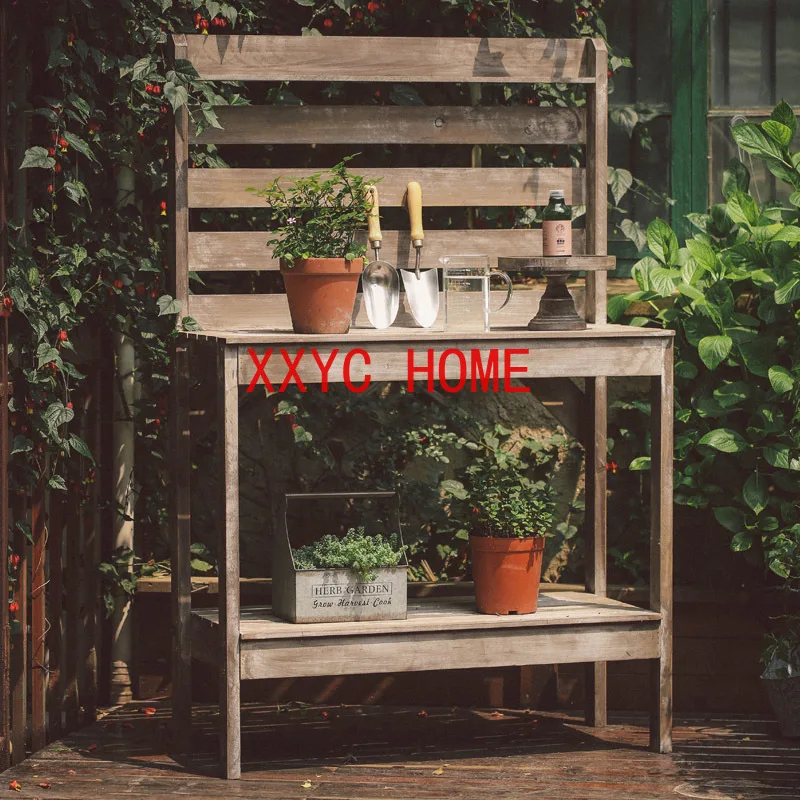 Vintage Distressed Solid Wood Gardening Table Tool Storage and Display Garden Shelf