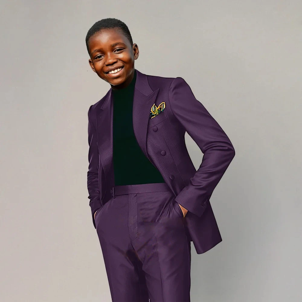 

Elegant Boys' Wedding Suit 2-Piece Set Jacket+Pants Premium Purple Peak Lapel Blazer Custom Kids' Tuxedo for Prom Party Age 2-16