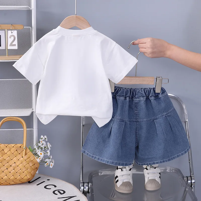 Korean Baby Girl Summer Clothes Toddler Girls 2pcs Set Sweet Denim Bow Patch Short Sleeve T-shirts and Denim Skort Kids Outfits