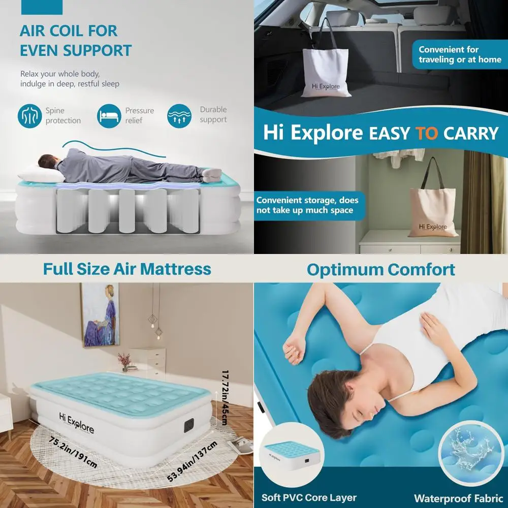 

Портативный надувной матрас с плюшевым покрытием и встроенным насосом, идеально подходит для дома и кемпинга, светло-голубой, высота 18 дюймов