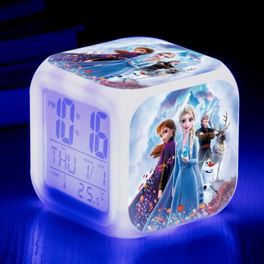 Frozen 2 Cartoon Alarm Clock Colorful Color Changing Square LED Alarm Clock Anime Figures Anna Elsa Creative Digital Alarm Clock