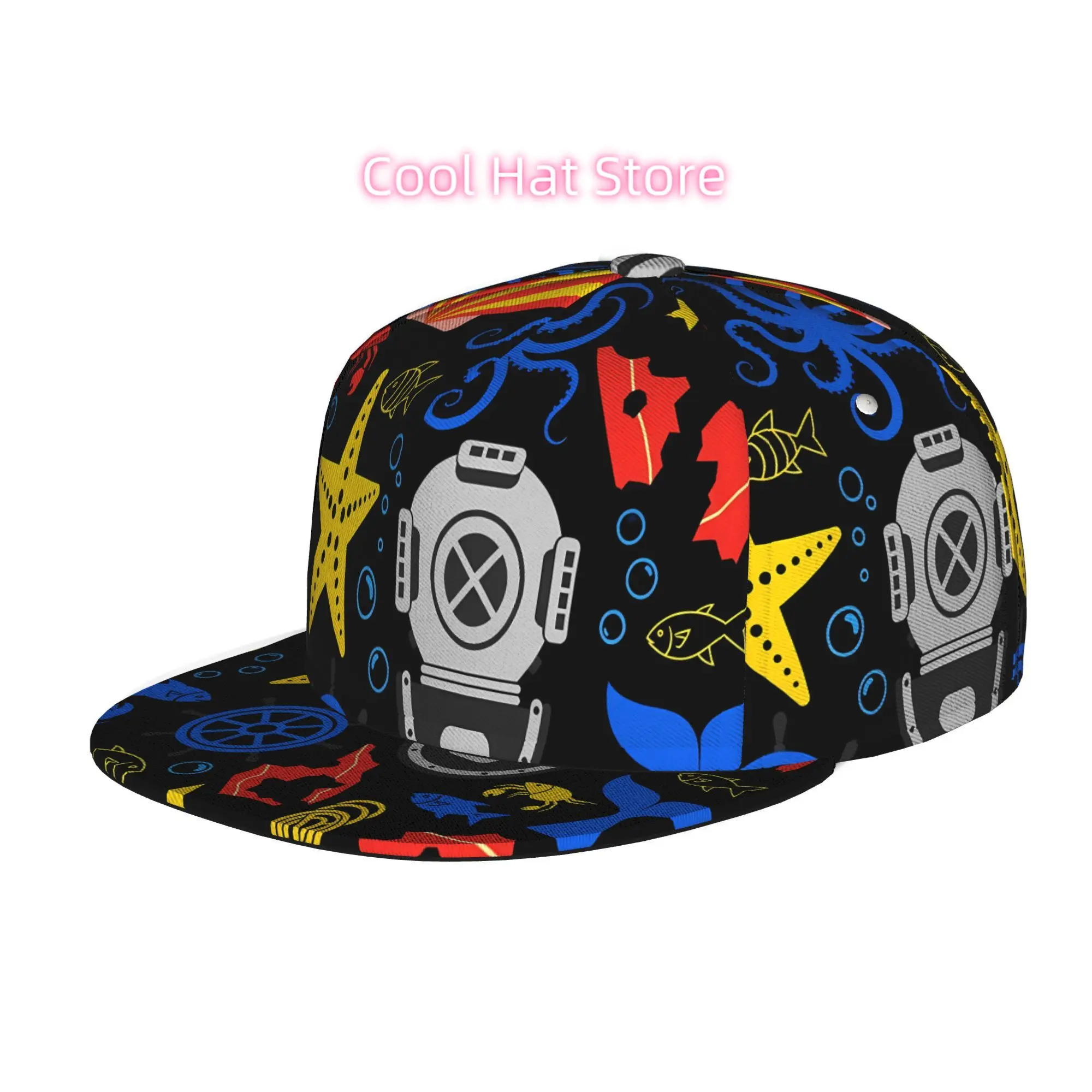 Cap Featuring a Sea Design with an Octopus, Shell, Fish, Starfish, And a Diving, Suitable for Both Men And Women. This Flat-Brim