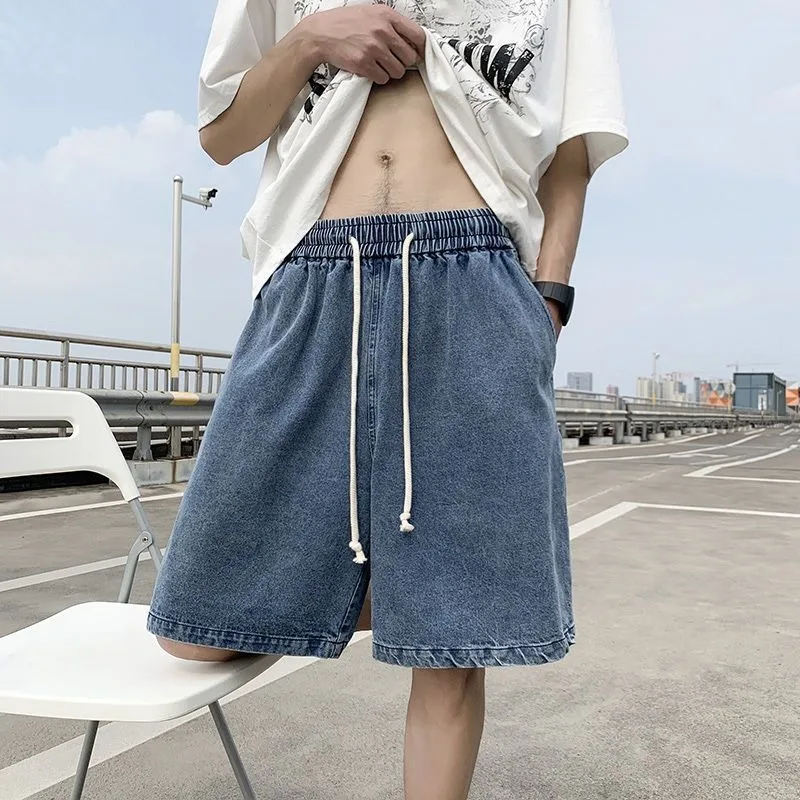 

Men's Summer Loose Five Points Denim Shorts Fashion Washed Elastic Waist Straight Drawstring Jeans Shorts