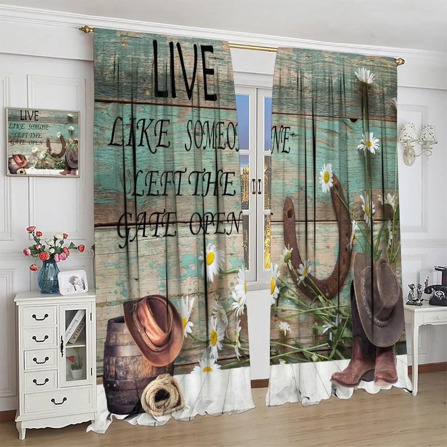 Cowboy Curtain,Country Western Rustic Horseshoe Daisy Barn Wood Farm Window Treatments Curtains Living Room Kitchen Cafe Bedroom