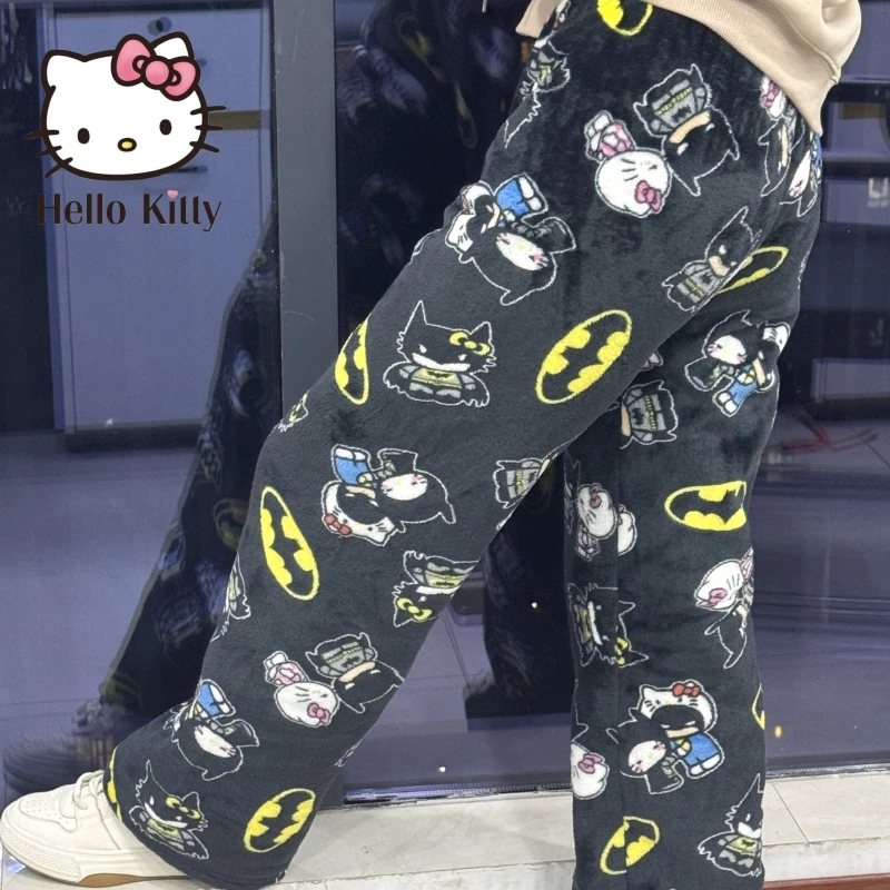 Sanurgente-Pantalon de pyjama Hello Kitty Batman pour femme, style Y2k, pantalon de dessin animé Hip Hop, chaud, décontracté, pantalon mignon en peluche, cadeau de Noël, automne 2024