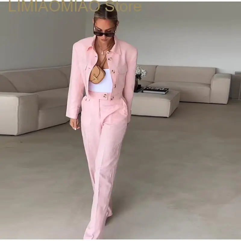 New Fashion Pink Pocket Cropped Jacket Long Pant Sets Summer Solid Blazer Tops Casual Pant Two Pieces Sets Female Chic Outfits