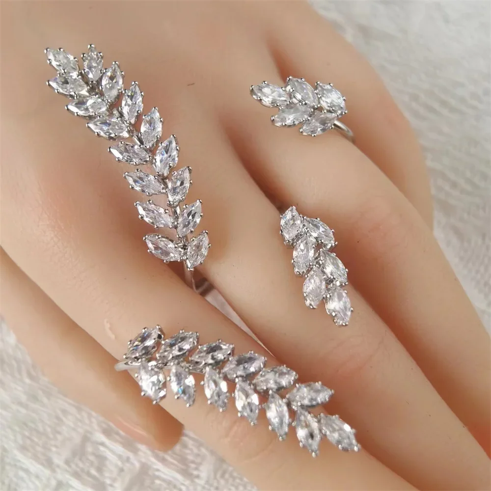 Hot Olive Leaf One Piece Three Finger Rings for Women AAA CZ Zircon Crystal Adjustable Link Palm Handlet Party Wedding Jewelry