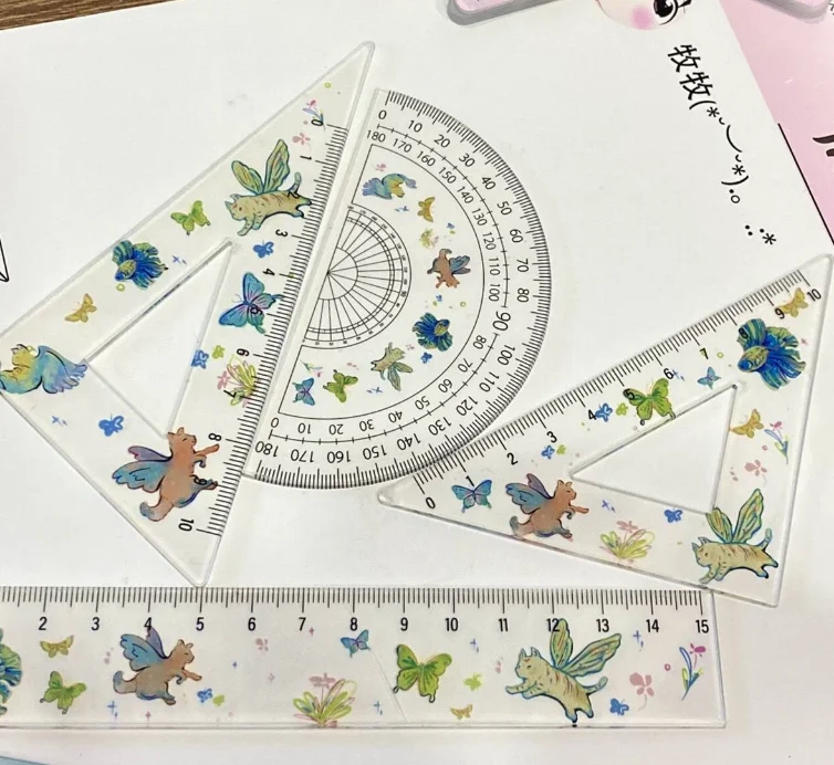4Pcs/Set Aesthetic Stationery Back To School Supplies Useful Angle Ruler Drawing Cute Cat Ruler Protractor Tool School supplies