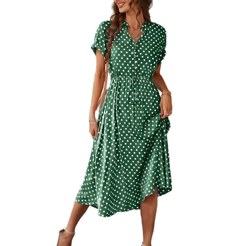 

Women's Polka Dot Print Midi Dress V-Neck Short Sleeve High Waist Drawstring A-Line Casual Vacation Summer Dress