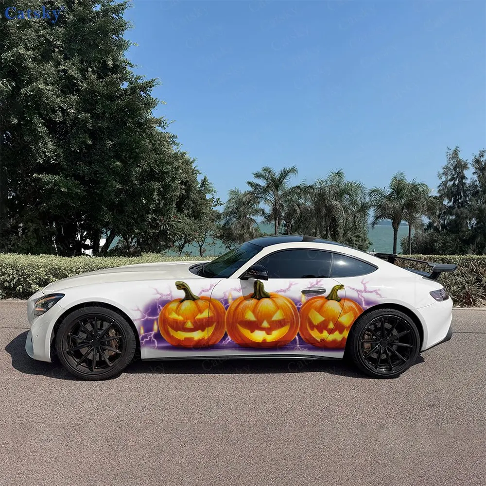 2pcs Pumpkin & Purple Lightning Car Side Wraps, Self-Adhesive PVC Waterproof & Scratch-Resistant Stickers, Car Accessory Gift