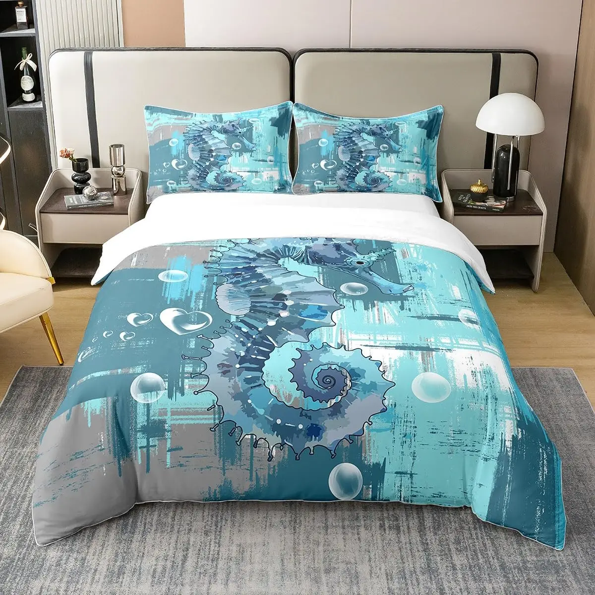 Seahorse Marine Life Duvet Cover Set King Size Vintage Abstract Bedding Set for Boys Teen Bedroom Decor Blue Messy Rust Color