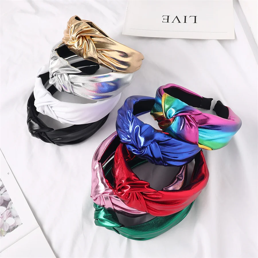 New Fashion personality Women Hairband Soft PU Leather Headband Soft Vintage Headwear Shining Hair Hoop Turban Hair Accessories