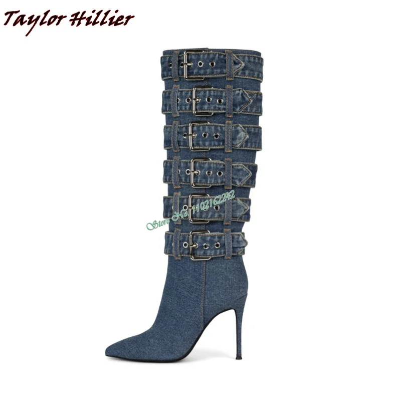 

2023 New Blue Denim Knee-High Boots Pointed Toe Stiletto Heel Buckle Strap Decoration Autumn Catwalk Fashion Women'S Boots 46