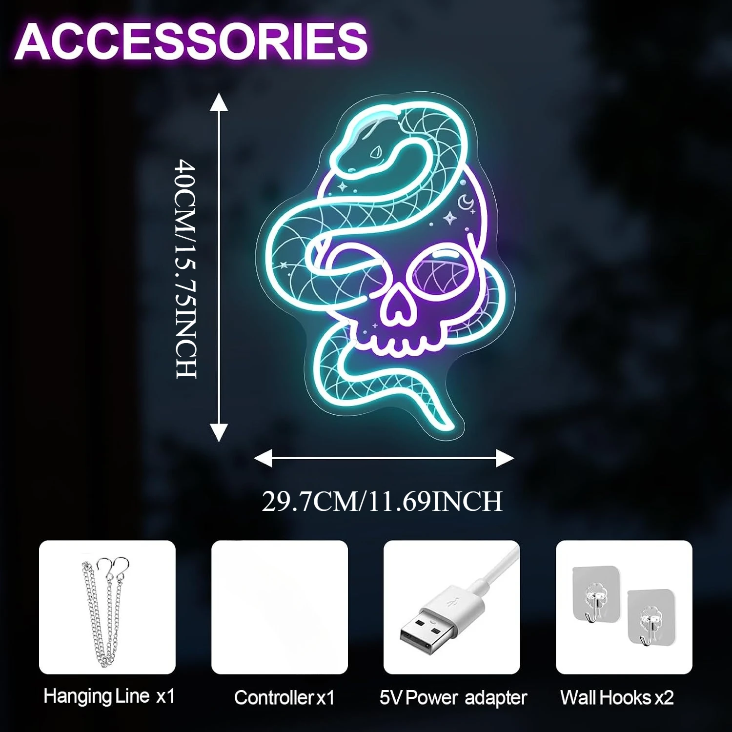 Snake Wrapped Skull Neon Sign LED Gothic Moon Star Wall Light,USB Neon Lamp,Christmas Gift for Bedroom Bar Halloween Party Decor