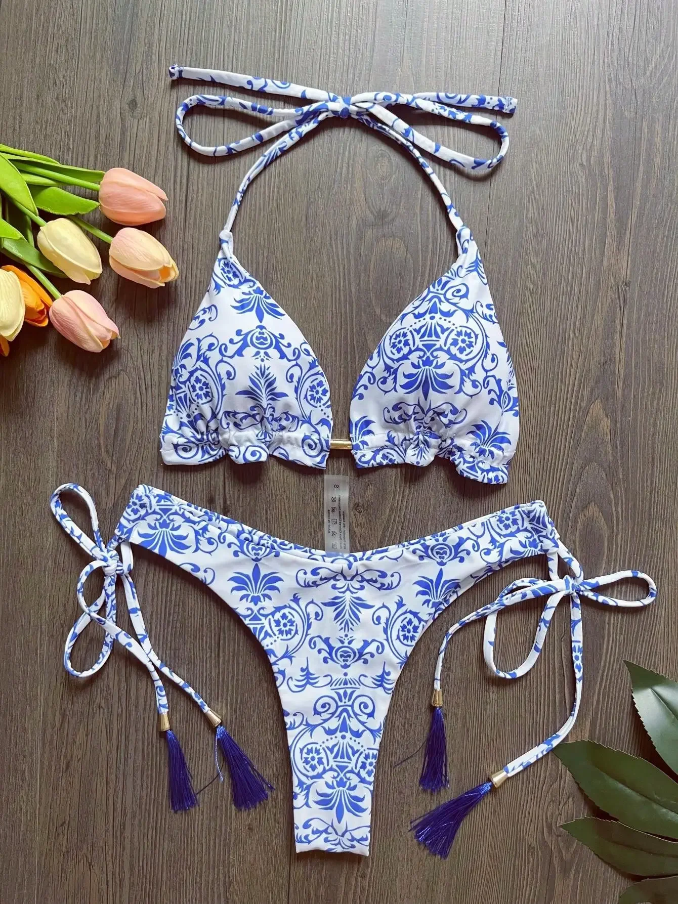 RUOTONSEPT Sexy Women Swimsuit Blue and White Print Bikini Set Triangle Bathing Suit Halter Swimwear Bandage Brazilian Biquinis