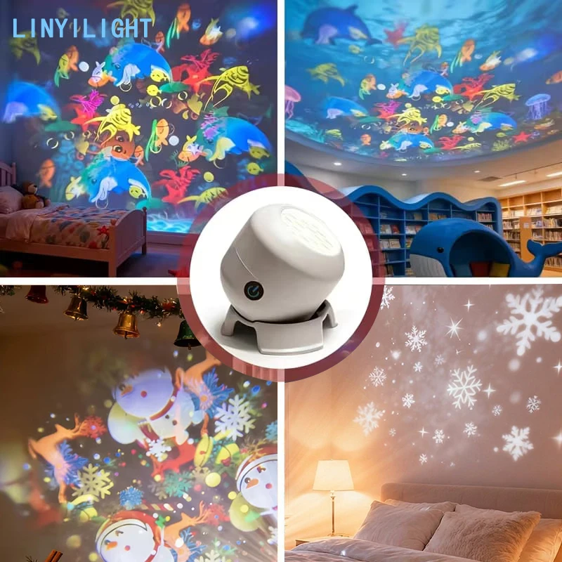 360° Rotating Dynamic Night Light LED Projector Light Adjustable Brightness Ocean Projector Light Snowflake Pattern Projector