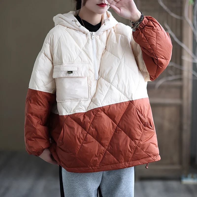 2022 New Autumn Winter Down Jacket Women\'s Lightweight Short Splicing Loose Hooded Pullover White Duck Down Warm Parkas