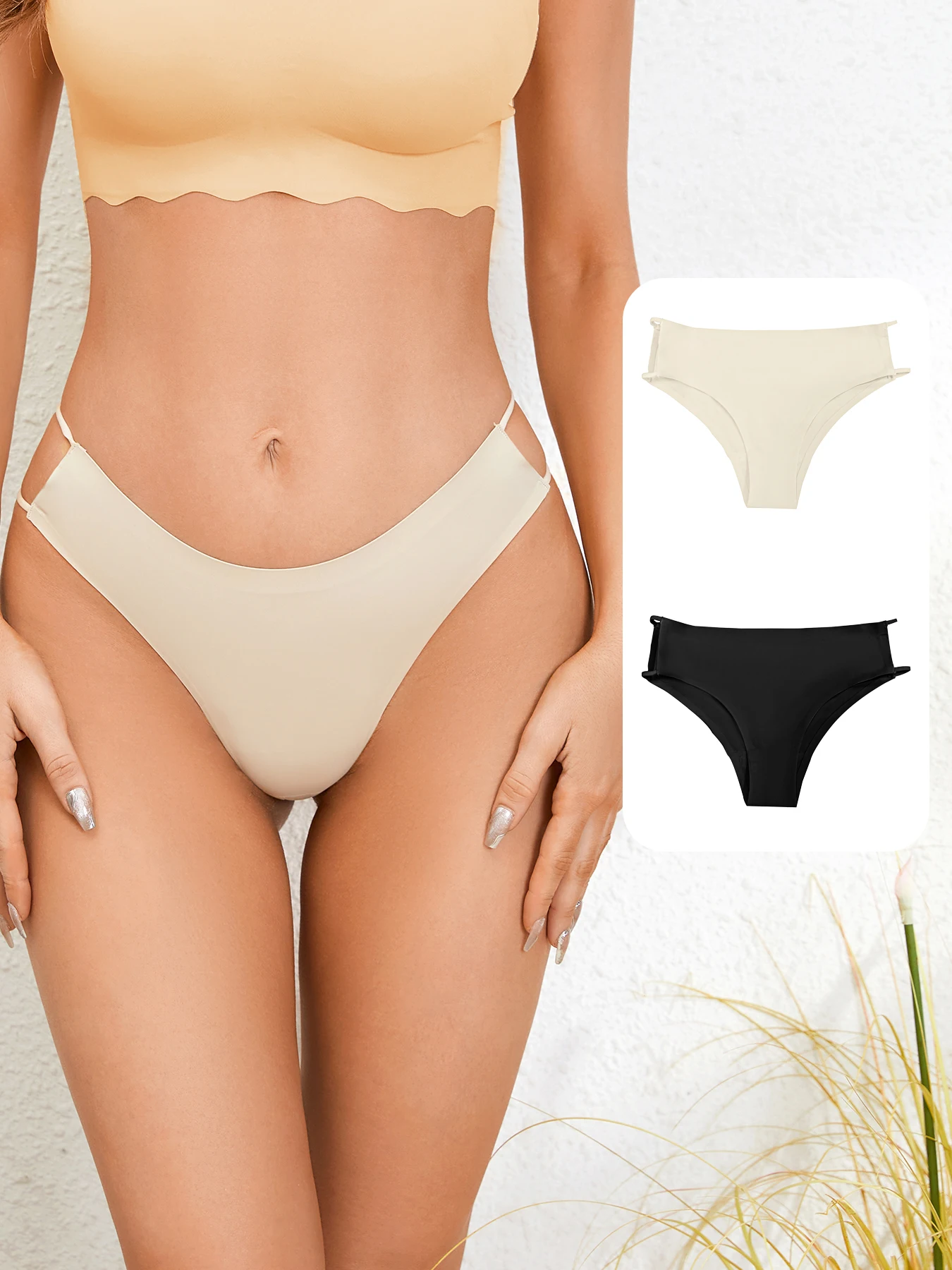 2 Pieces Set Of Seamless Minimalist Breathable Comfortable Lightweight Soft Women'S Underwear With Triangular Side Straps