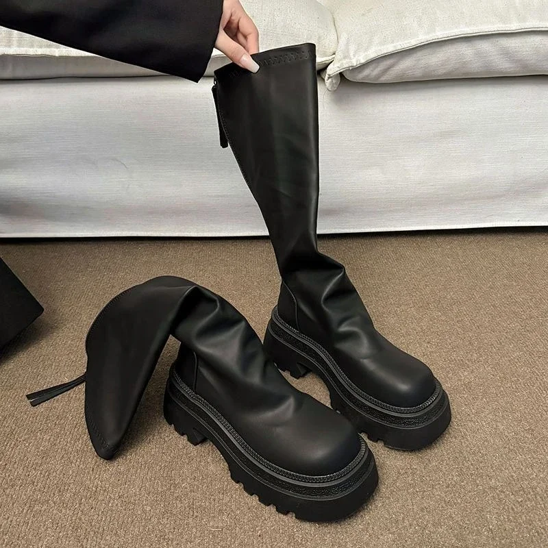 Womens Platform Long Boots Spring Autumn Thick Bottom Height Increasing Shoes