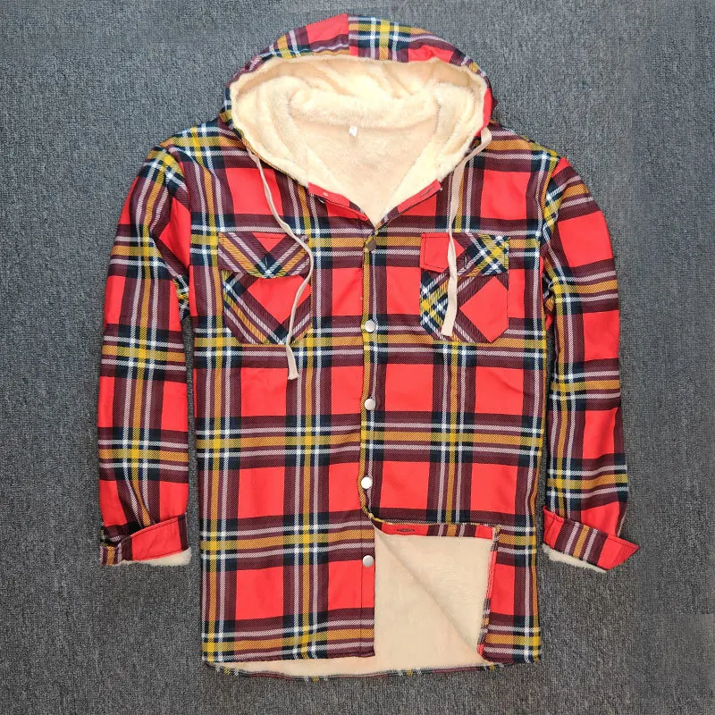 

Men's Flannel Hoodie Plaid Shirt Jacket Casual Chemise Homme Button Down Warm Ourwear Coats Man Fall Winter Fleece Lining Jacket