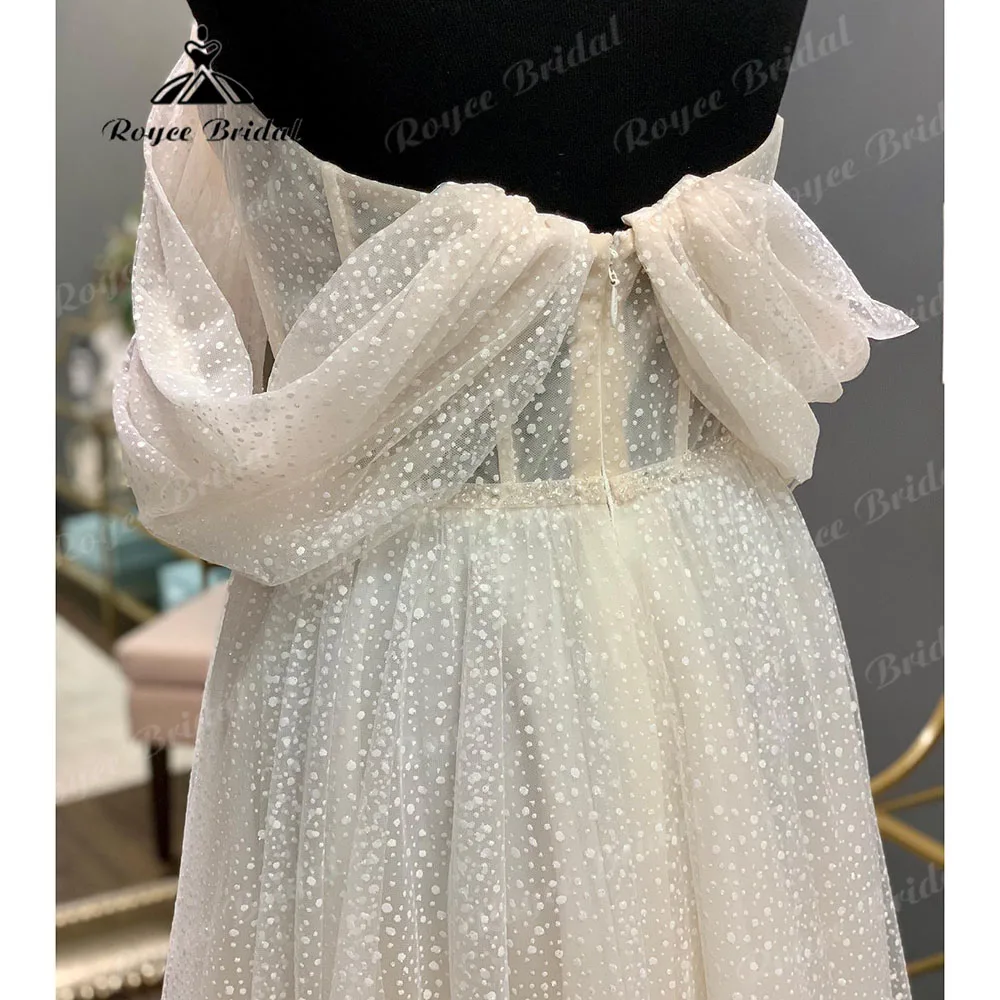 Abito da sposa corto con spalle scoperte a pois principessa con manica corta 2024 abito da sposa con ricevuta nuziale Roycebridal