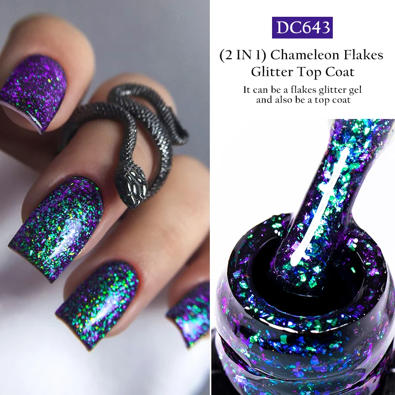 Mtssii 7ml Chameleon Flakes Glitter Top Coat Gel Nail Polish Semi Permanent UV Gel 2 In 1 Sparking Aurora Gel No Wipe Top Coat