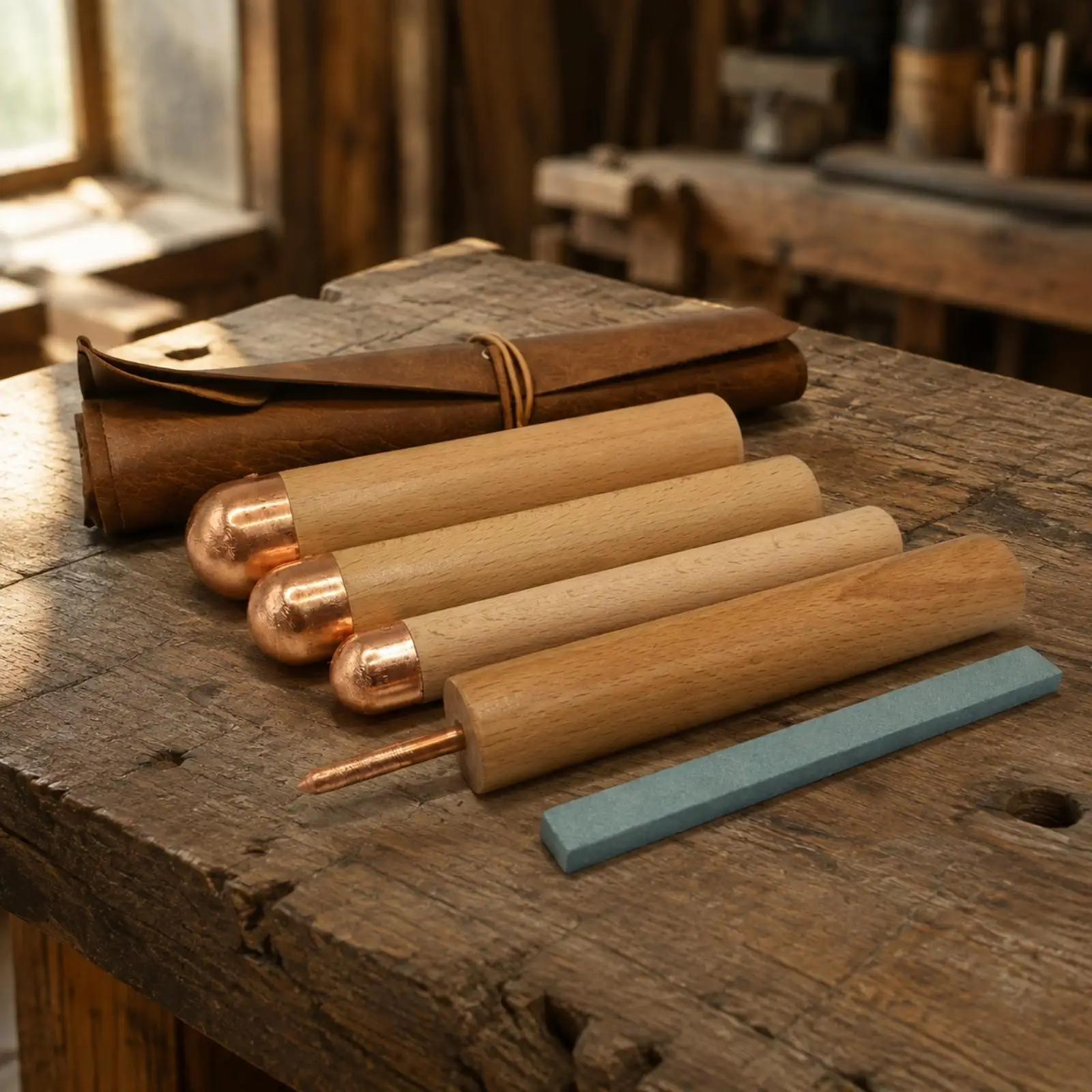 Rock Knapping Fabric Kit with Wooden Handle Copper Tools Sharpening Stone and Palm Protector for Hobbyist