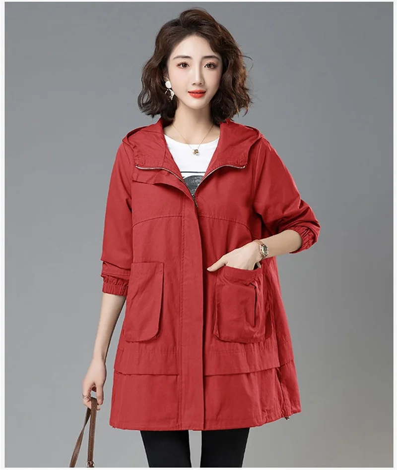 2023Women Trench Coat Hooded Tops Autumn New Coat Long-Sleeved Loose Mid-Length Outerwear Female Windbreaker Gabardina Mujer 4XL