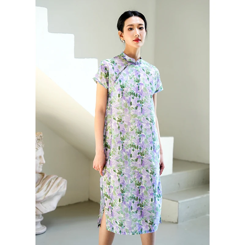 

Loose ort Sve Floral Print Qipao Dr Artistic Sle round Collar Low Slit Daily Wear Summer 2023 Chinese Faion