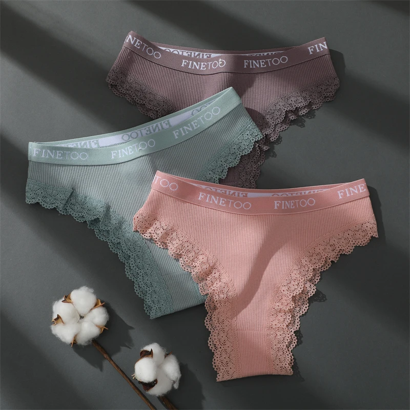 FINETOO 3PCS Women Cotton Brazilian Panties Sexy Lace Low Waist Underwear Solid Color Thongs Female Plus Size Lingerie G-String