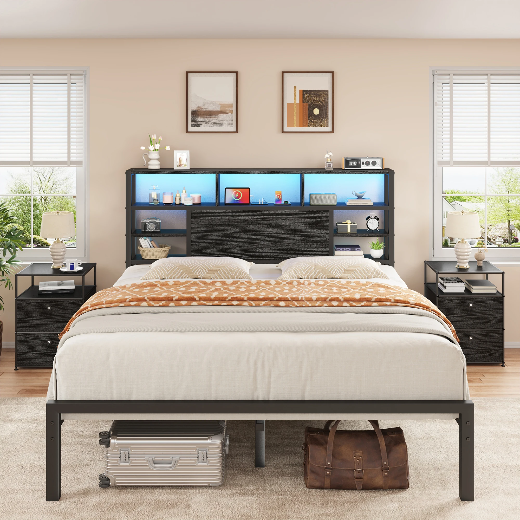 EnHomee Bed Frame with Storage Headboard, LED Lights & Charging Station, Metal Platform Bed 1100 LBS Capacity, No Box Spring Needed