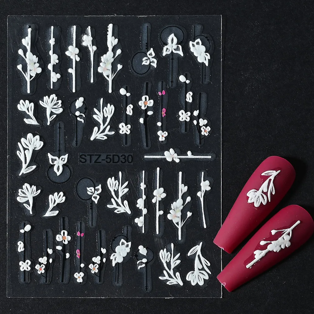 5D Pflaumenblüten-Nagelaufkleber, Blätter, Schieber, geprägte Braut-Nagelkunst-Abziehbilder, kleine Blumen-Design, selbstklebende Nagelschieber aus Acryl