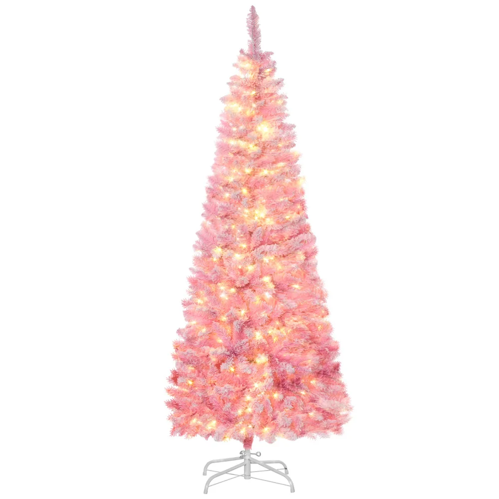 

HOMCOM 6ft Prelit Snow Flocked Artificial Christmas Tree, Pencil Shape, Pine Realistic Branches, Warm White LED Lights.