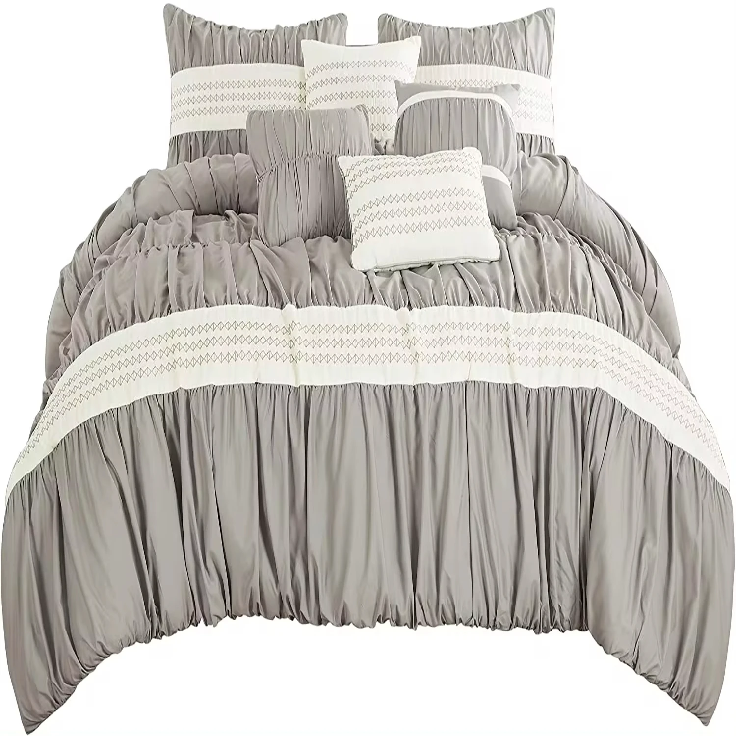 7-delige Grijze Micro-Gestreepte Microfiber Polyester Queen Dekbed Set