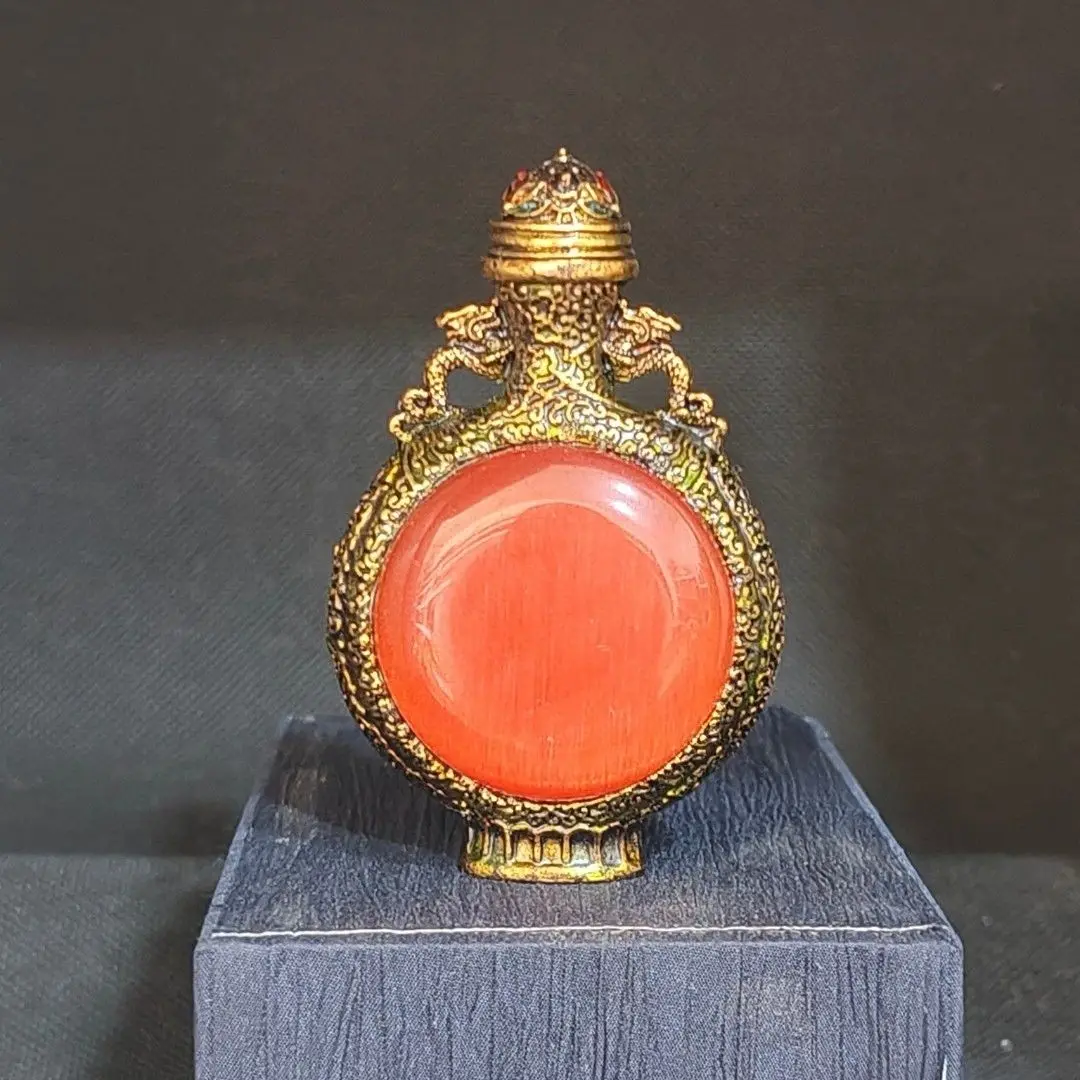 Old Collection Tibetan Ethnic Vintage Double Sided Inlaid Cat Eye Snuff Bottle Smoking Utensil