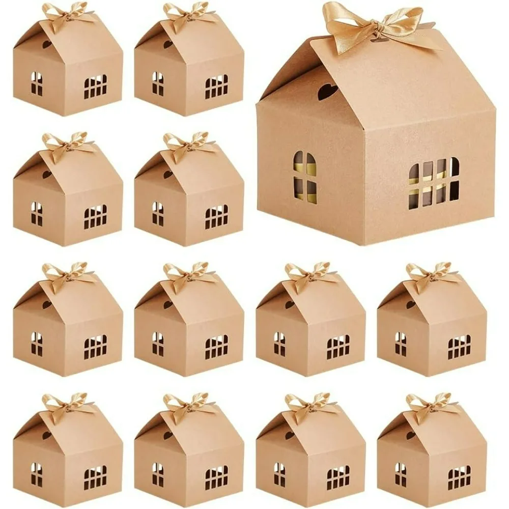

12Set House Shaped Gift Boxes Tan Kraft Paper Boxes with Ribbons Cookie Bakery Boxes Cardboard Treat Boxes for Christmas
