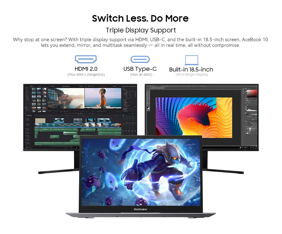 Blackview ACEBOOK 10 Laptop Computer 18.5" FHD 8000mAh Intel N150 Windows 11 16GB RAM 512GB BT5.2 WiFi 6 Desktop Notebook