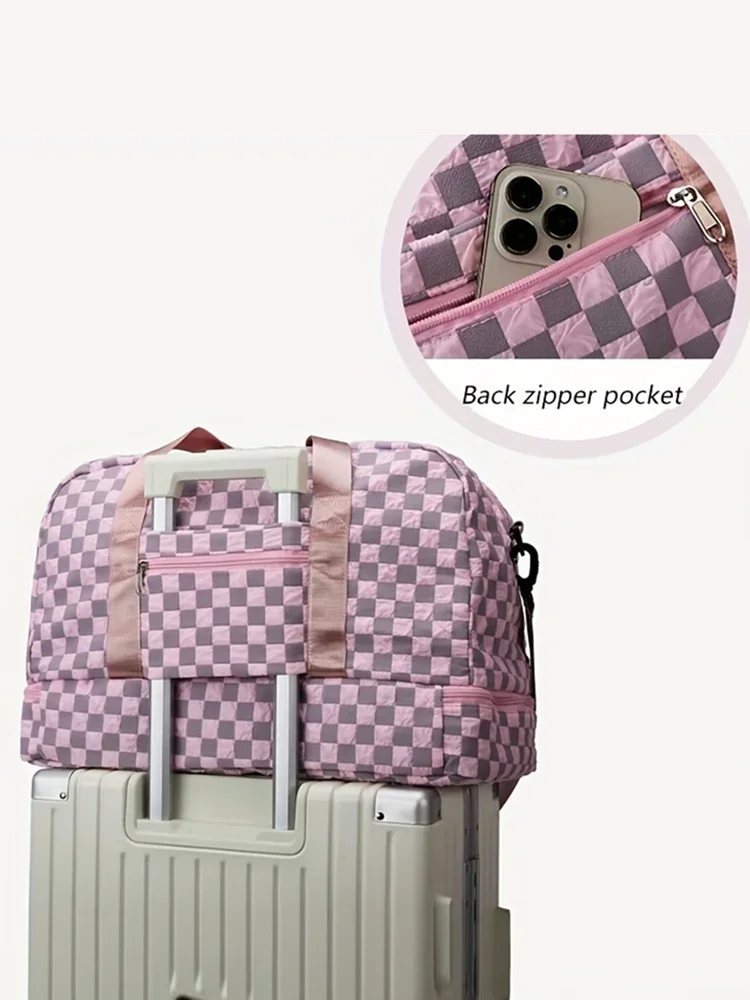 Large Capacity Checkerboard Pattern Duffle Handbag, Lightweight Travel Luggage Storage Bag, Portable Sports Fitness Bag