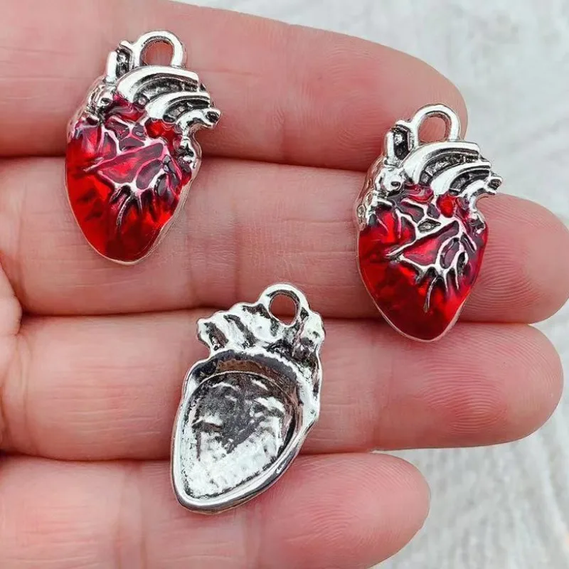 10pcs 25*14mm Enamel Silver Color Human Heart Organ Charms Science Medicine Anatomical Pendant Biology Jewelry Finding