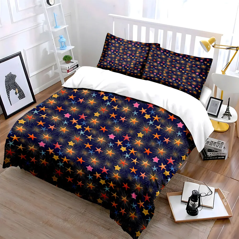 3Pcs Multicolor Starfish Spiky Ray Duvet Cover Set, Dark Navy Ocean Bedding Includes 1 Duvet Cover And 2 Pillowcase, Gift