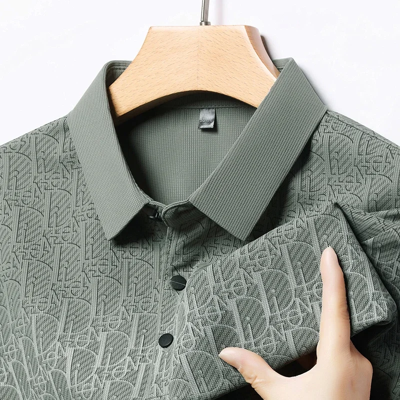 Luxury All Over Monogram Pattern Male Polo Tee Elastic Perforated Fabric Front Black Buttons Casual Office Short Sleeve Outfit