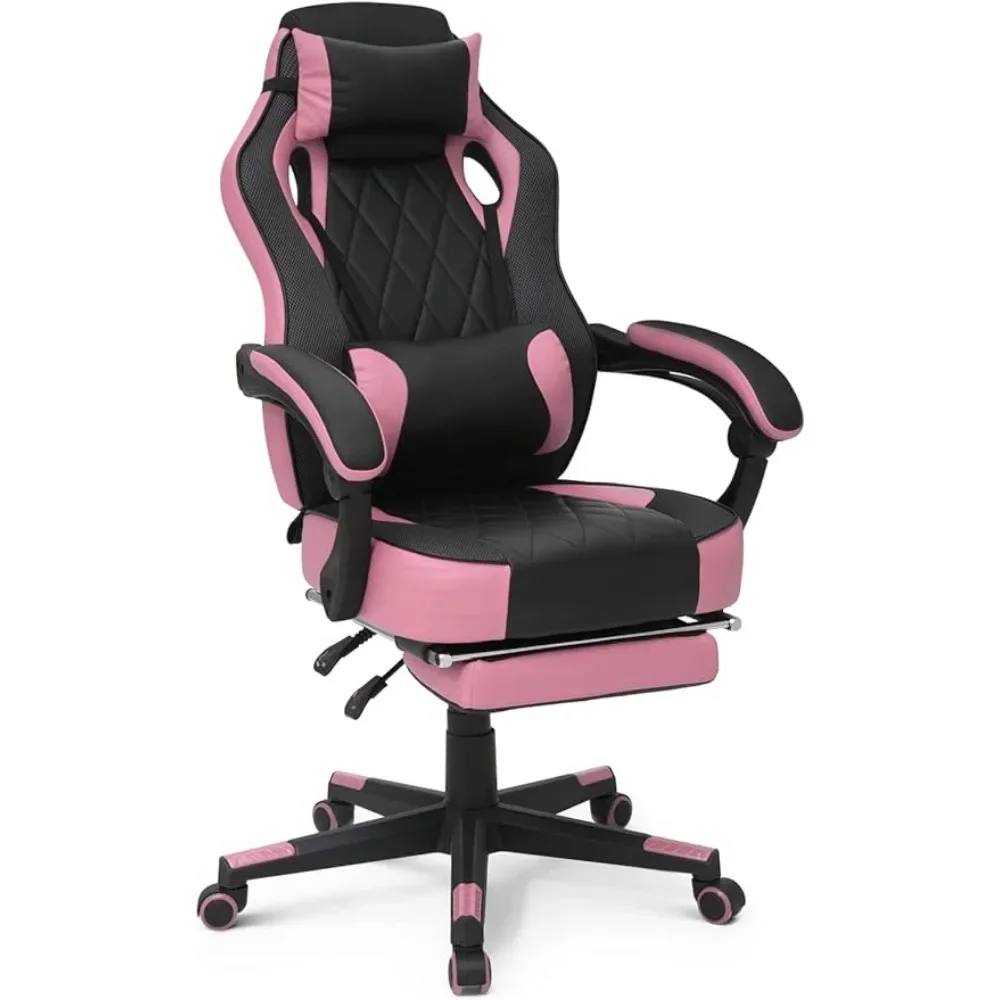 XMSJ-Cadeira Ergonômica Gaming com Otomano Retrátil, Suporte Lombar Removível, Couro PU, Encosto de Cabeça