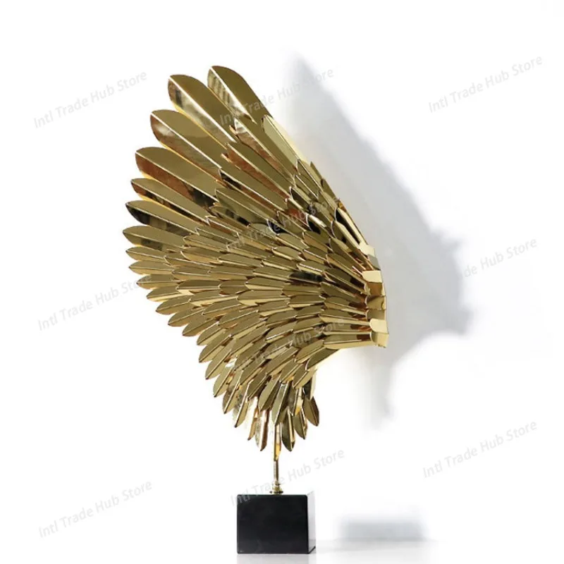 Abstract Hotel Statue Angle Wings Metal Sculpture Modern Art Golden Wing Sculptures With Marble Base For Home Decoration Gifts