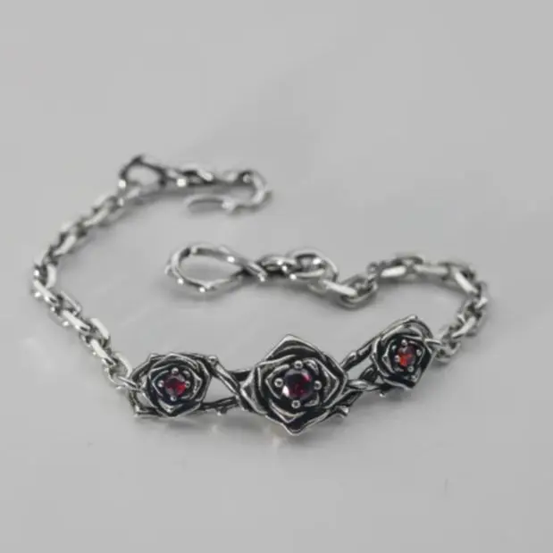

Youth Korean version pure silver red crystal rose retro bracelet for men and women, fashionable niche Instagram trendsetter pers