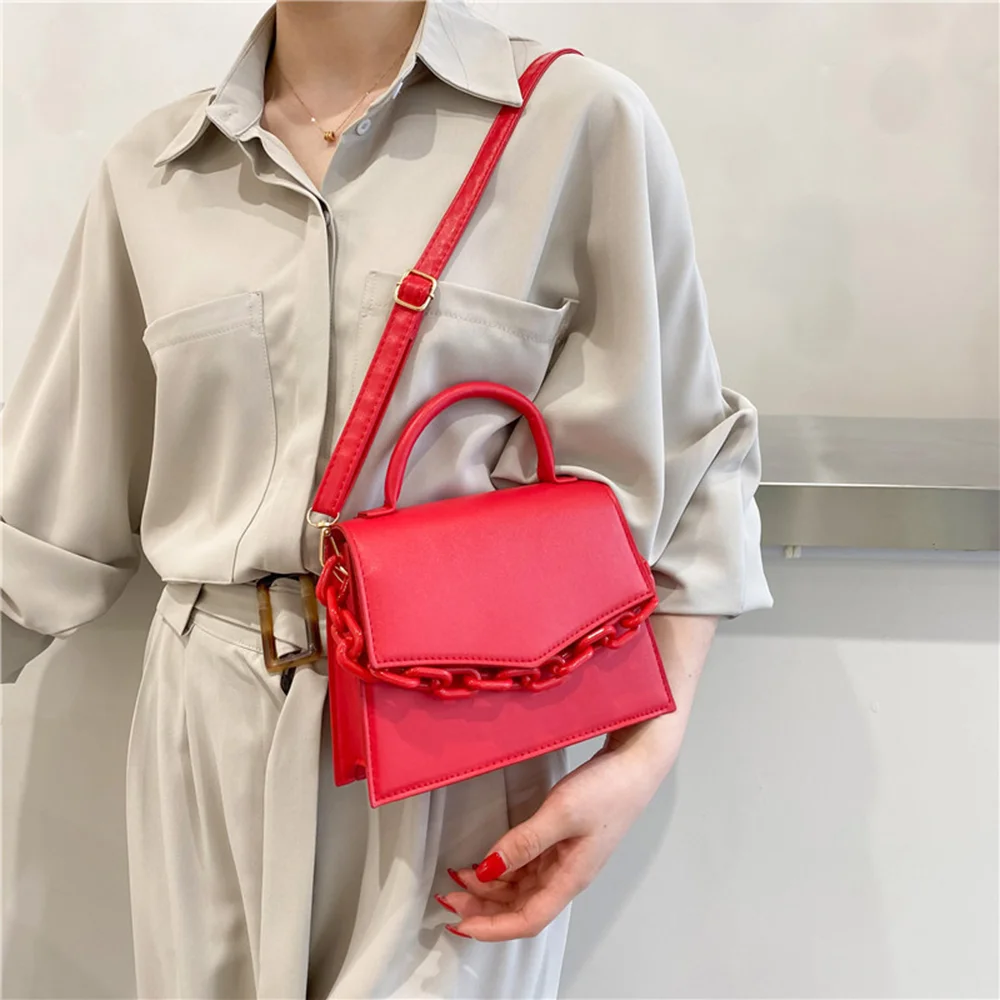 Women\'s Bag Chain Small Square Bag Female PU Leather Totes Clutch Bag New Trendy Shoulder Messenger Bag Pure Candy Color