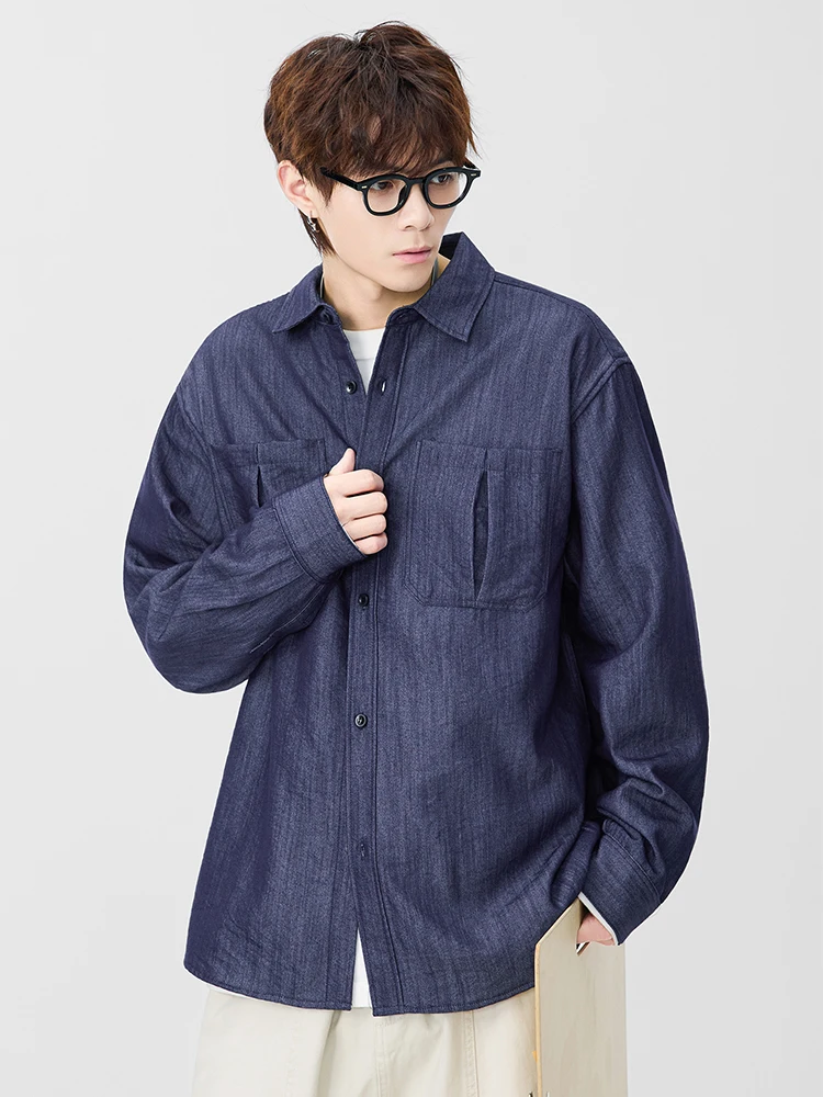 Men's Denim Shirts with 2 Chest Pockets Korean Fashion Long Sleeve Casual Shirt Workwear Retro Tops