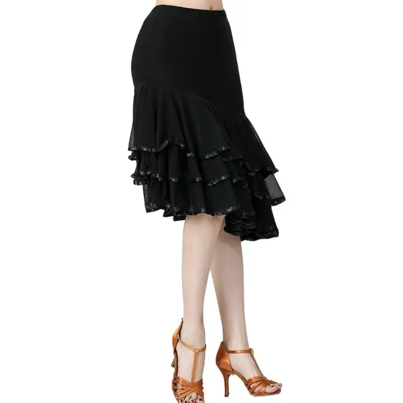 652F Latin Flamenco Dances Party Irregular Long Swing Mesh Skirt Ballroom Dance Skirt