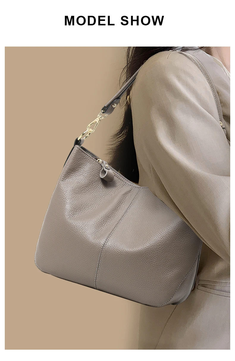 Echte Leder-Schultertasche für Damen, Aufbewahrungshandtasche, Schlichte und Leichte Graue Einkaufstasche – Detail 1